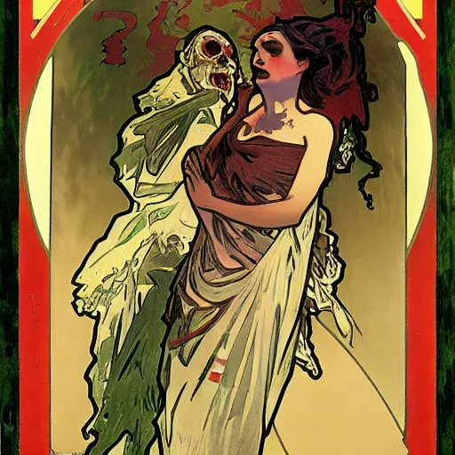 Image similar to zombie, painted by alphonse mucha