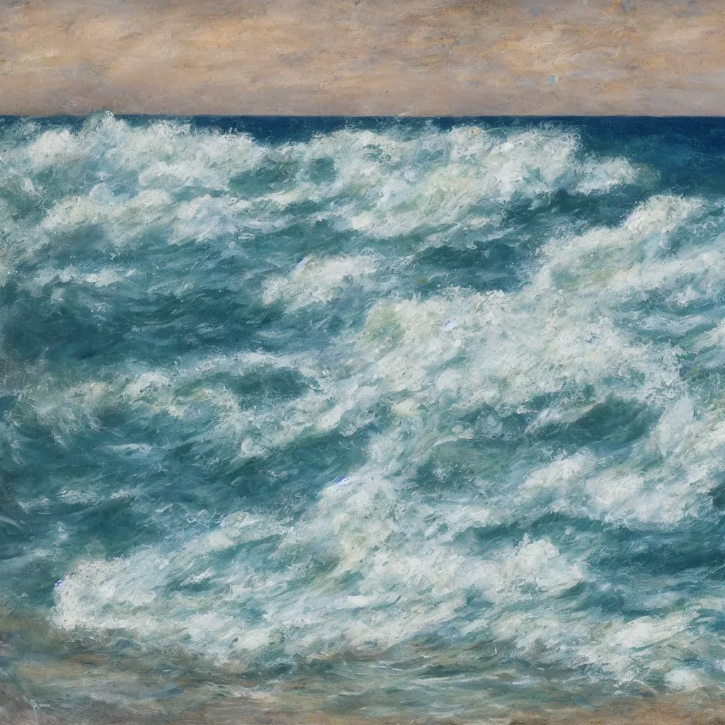 Image similar to italian beach scene with large waves crashing down, people swimming, the water and waves and sea foam painted in very thick impasto