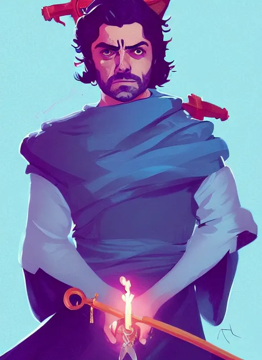 Prompt: Oscar Isaac as Archmage of magic academy with three flying swords, in the Style of Artgerm and Charlie Bowater and Atey Ghailan and Mike Mignola, vibrant colors and hard shadows and strong rim light, Comic Cover Art, plain background, trending on artstation