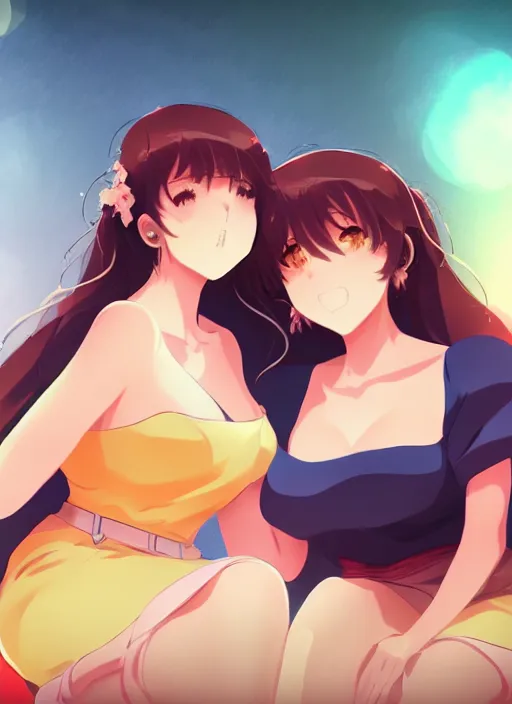 Image similar to two beautiful mothers sitting on a hot summer evening, gorgeous faces, thick lines, cinematic lighting, detailed anime art