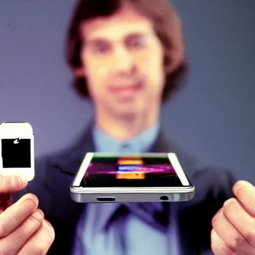 Image similar to a 1980's picture of a man holding an Iphone, Iphones in the 1980s, old photograph, advertisement for the Apple Iphone, video game advertisement