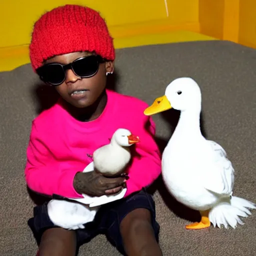 Image similar to young thug, holding a white duck