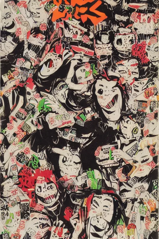 Image similar to japanese graffiti horror vhs cover art, detailed facial expressions