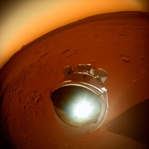 Prompt: wide angle pinhole photo of an astronaut infinite helmet on Mars award winning national geographic,mars surface can be seen in the helmet reflection