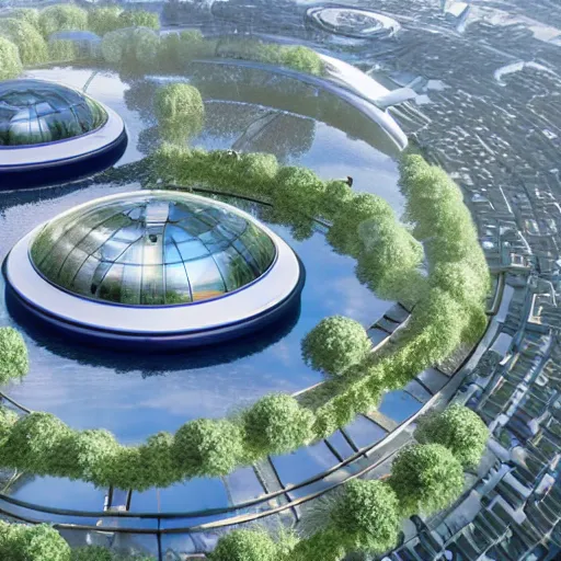 a futuristic city with canals trees and roads with an | Stable ...