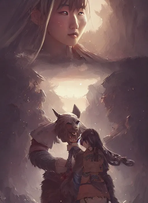 Prompt: japanese girl and a samurai werebear, d & d, fantasy, portrait, highly detailed, digital painting, trending on artstation, concept art, sharp focus, illustration, art by artgerm and greg rutkowski and magali villeneuve