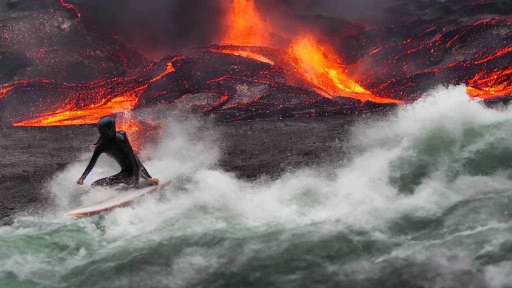 Image similar to person in armor surfing down a river of lava on the side of a volcano on surfboard, action shot, dystopian, thick black smoke and fire, motion blur, sharp focus, cinematic, tilt shift lens