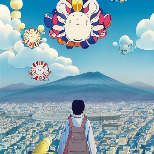 Image similar to a man walking on clouds above kyoto by takashi murakami, beeple and james jean, aya takano color style, 4 k, super detailed