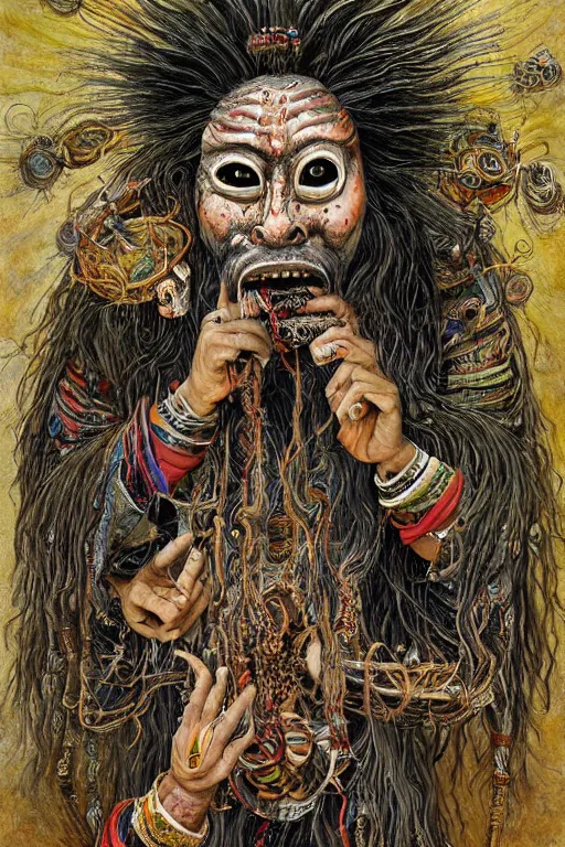 Image similar to a high hyper - detailed painting with complex textures, of an oriental shaman with tangled hair and a terrifying mask, wears a tunic vs. barefoot and has a cane, he is performing a ritual to access the world of imagination and dreams, cosmic horror spiritual visionsrio psicodelico weird bizarre art