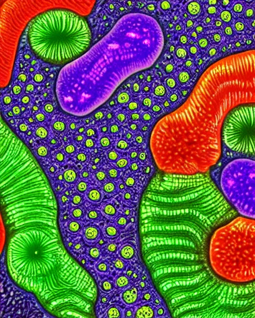 Image similar to Escherichia coli, close up details, drawn by Ernst Haeckel, colorful, Pixar rendering