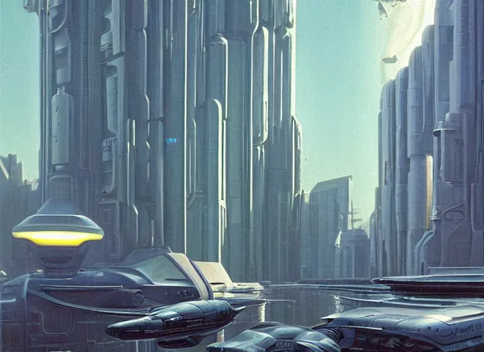 Prompt: a sci-fi spaceship driving down a street next to tall buildings, cyberpunk art by Chesley Bonestell, cgsociety, retrofuturism, matte painting, reimagined by industrial light and magic
