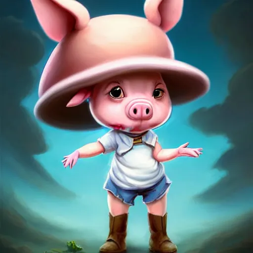 Image similar to cute little anthropomorphic funny female pig wearing shorts, a hat, boots and a pale blue shirt!! tiny!! fully clothed!!! small, short, cute and adorable, character art portrait, matte fantasy painting, deviantart artstation, by jason felix by steve argyle by tyler jacobson by peter mohrbacher, cinema