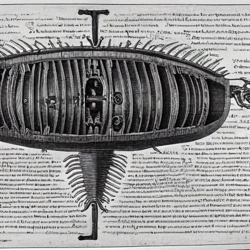 Prompt: a 1 7 0 0 s bestiary of a unique biomechanical living alien spacecraft with a cross section down the middle, detailed description of certain parts and organs of the spacecraft