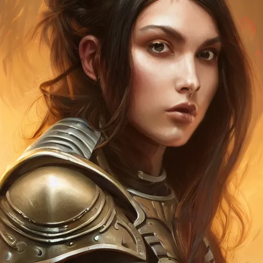 Image similar to a portrait of an attractive young woman, clothed in battle armor, olive skin, long dark hair, beautiful bone structure, symmetrical facial features, intricate, elegant, highly detailed, digital painting, trending on Artstation, concept art, smooth, sharp focus, illustration, in the style of artgerm and greg rutkowski and alphonse mucha