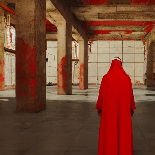 Prompt: praying nun in red clothes staying in the middle of abandoned huge temple, matte painting, hyper realistic render, cryengine, unreal engine, cyberpunk 2077