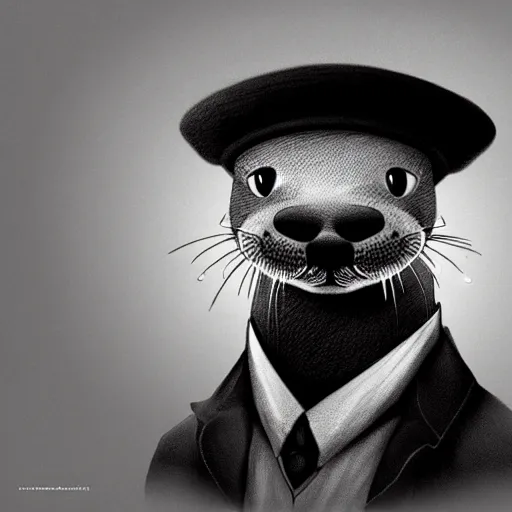 Prompt: anthropomorphic masculine otter in costume in hat juanjo guarnido, concept art, highly detailed, eddotorial illustration, b & w, noir