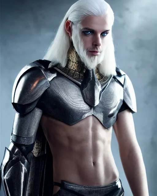 Image similar to perfect white haired egyptian male god, brute, nanosuit armor, beautiful, symmetric, dreamy, half african, black salamander eyes, charlize theron, detailed, scifi platform, laboratory, experiment, 4 k, ultra realistic, epic lighting, android body, illuminated, cinematic, masterpiece, art by akihito tsukushi, voidstar