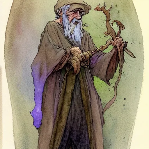 Prompt: a simple and atmospheric watercolour fantasy character concept art portrait of an old and wise wizard, very muted colors, by rebecca guay, michael kaluta, charles vess and jean moebius giraud