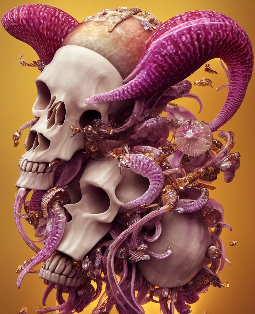 Image similar to goddess princess face close-up portrait ram skull. jellyfish phoenix head, nautilus, orchid, skull, betta fish, bioluminiscent creatures, intricate artwork by Tooth Wu and wlop and beeple. octane render, trending on artstation, greg rutkowski very coherent symmetrical artwork. cinematic, hyper realism, high detail, octane render, 8k