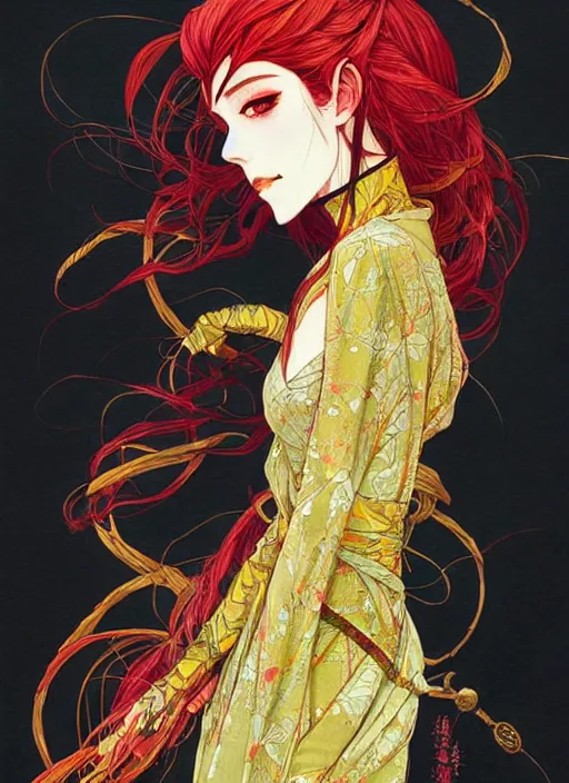 Image similar to half body portrait of a beautiful elven queen in red green gold dress, detailed, wearing kimono armor, by conrad roset, takato yomamoto, jesper ejsing, beautiful