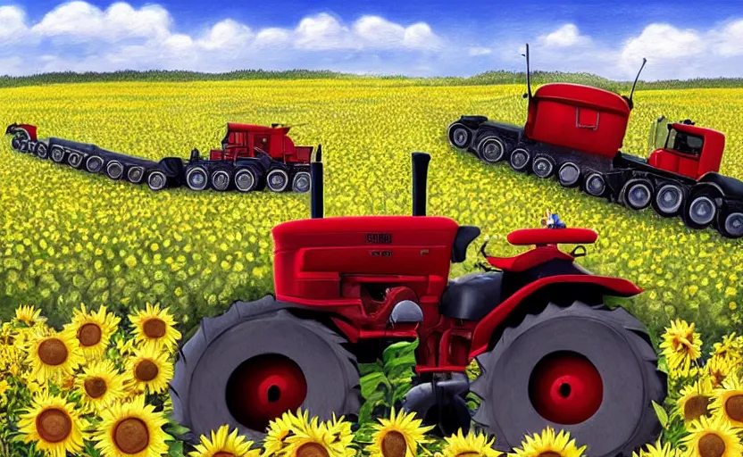 Image similar to hyperrealistic matte painting of cute little tractor dragging the russian tank on the sunflower field