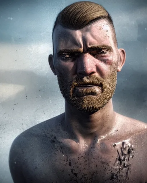Image similar to portrait of muscular, tired and alcoholic 3 0 - year - old grieving man with short darkblonde hair, serious sad look in his eyes, looking down, dirty beard, blue eyes, crying tears, wearing dirty soldier uniform, on the desert, sad atmosphere, hyper realistic face, character art, art by mark brooks, cryengine, trending on artstation, digital art