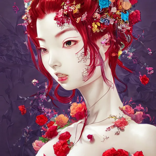 Image similar to studio portrait absurdly beautiful, elegant, graceful, young hypercolorful sensual anime gravure idol rubies and red petals, ultrafine hyperrealistic detailed face illustration by kim jung gi, irakli nadar, intricate linework, sharp focus, bright colors, matte, octopath traveler, final fantasy, unreal engine highly rendered, global illumination, radiant light, intricate environment