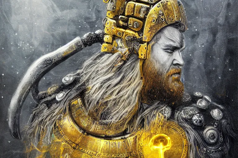 Image similar to mythological viking odin Shaman of artificial intelligence creating an artificial neural network, deep learning, with yellow synapses on an anvil, high resolution, award winning art, trending on art station, sharp image, incredibly detailed, detailed character realistic painting