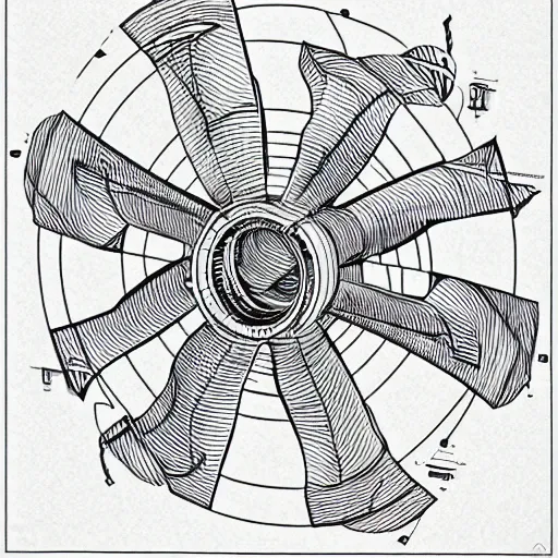 Image similar to Simplistic coloring book of a turbine blueprint, black ball pen on white paper, by Josan Gonzalez and Geof Darrow