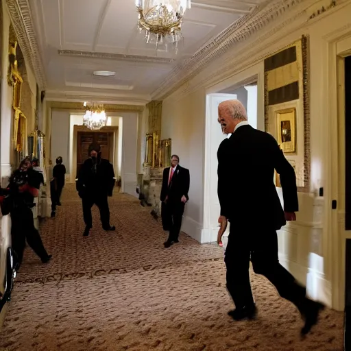 Image similar to detailed Joe Biden running away through the halls of the White House, zombies following him in the background