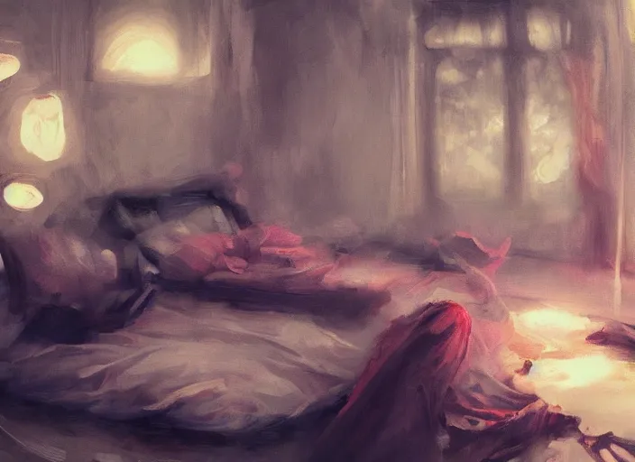 Image similar to placid gloomy dusk messy bedroom trending on pixiv