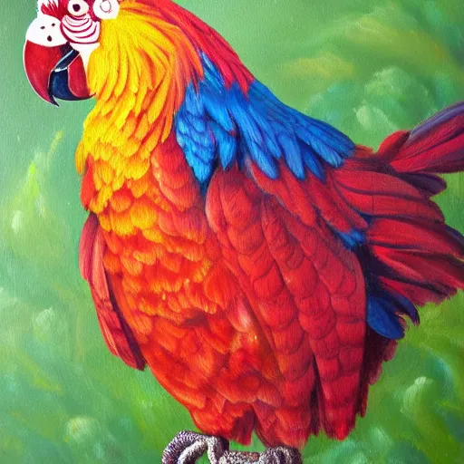 Image similar to parrot rooster hybrid mixed bird detailed luminescent oil painting 4 k