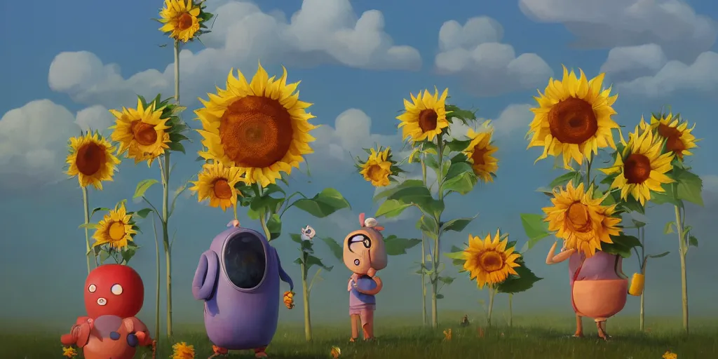 Image similar to Cute cartoon characters and sunflowers by Goro Fujita and Simon Stalenhag , 8k, trending on artstation, hyper detailed, cinematic