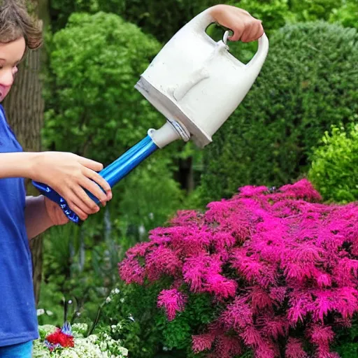Prompt: photo watering flowers with a gas can