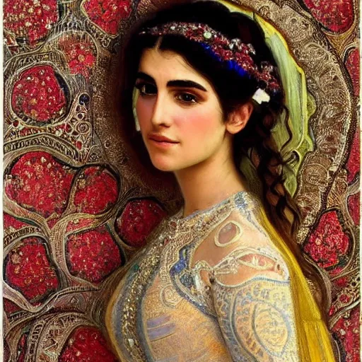 Image similar to full body portrait of a beautiful Kurdish bride wearing a beautiful wedding dress, very detailed eyes, hyperrealistic, beautiful and symmetrical face, very detailed painting by Claude Monet and Alphonse Mucha, ornate, trending on artstation, extremely high detail, incredibly intricate