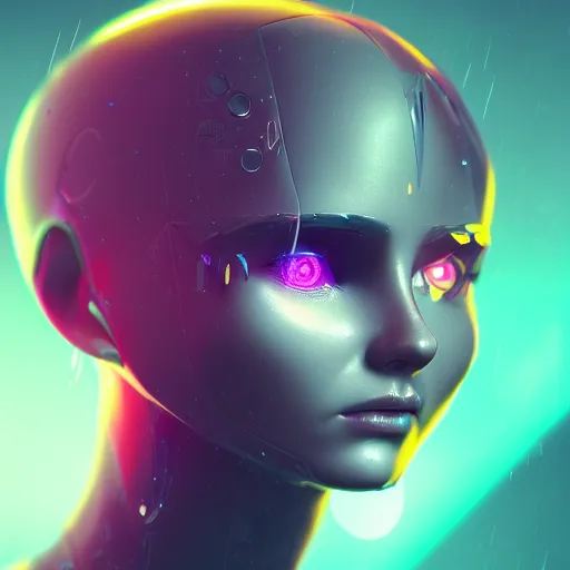Image similar to a portrait of a beautiful humanoid robot, warcore, sharp focus, detailed, artstation, concept art, 3 d + digital art, wlop style, neon colors, futuristic, unreal engine, elegant, rainy,