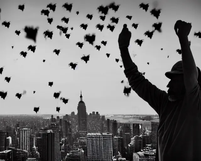 Image similar to a homeless man fly's in the sky like an angel over the city. realistic image. new york city candid photo. hyperrealistic terrorist attack.