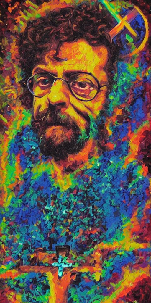 Prompt: Terence McKenna on a pixeleated cross with surrealist background, oil painting