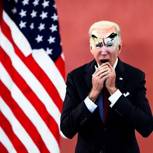 Prompt: Pulitzer-prize winning photograph of Joe Biden giving a press conference with heavy black smoke pouring from his mouth, nose, and eyesockets and pooling on the floor, unbearable anxiety, uncanny liminal space