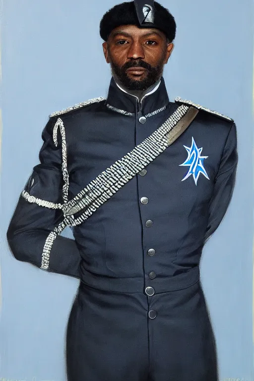 Prompt: full body portrait of the dictator of the orlando magic, 2 0 4 5, in full military garb, magic blue, silver, and black, oil on canvas by william sidney mount, trending on artstation, futuristic