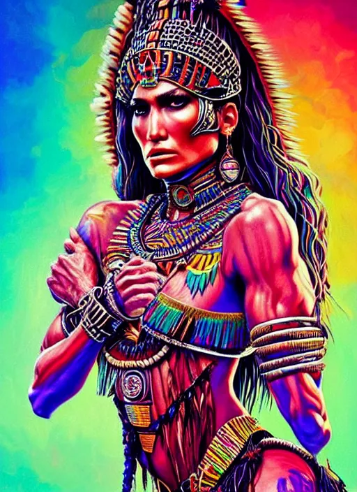 Image similar to portrait of jennifer lopez, hyper detailed ultra sharp aztec shaman warrior. trending on artstation, warpaint aesthetic, bloodwave, colorful, psychedelic, ornate, intricate, digital painting, concept art, smooth, sharp focus, illustration, art by artgerm and greg rutkowski and h. r. giger, 8 k