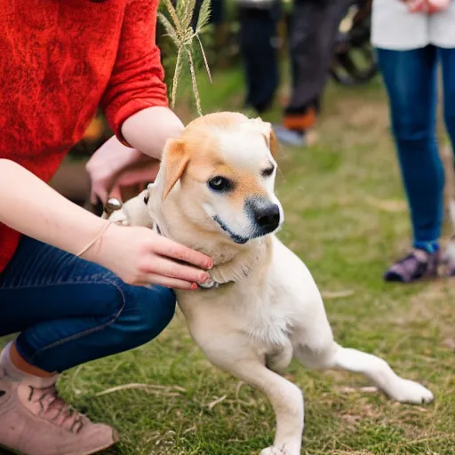 Image similar to a dog with one human leg being given wheat treats