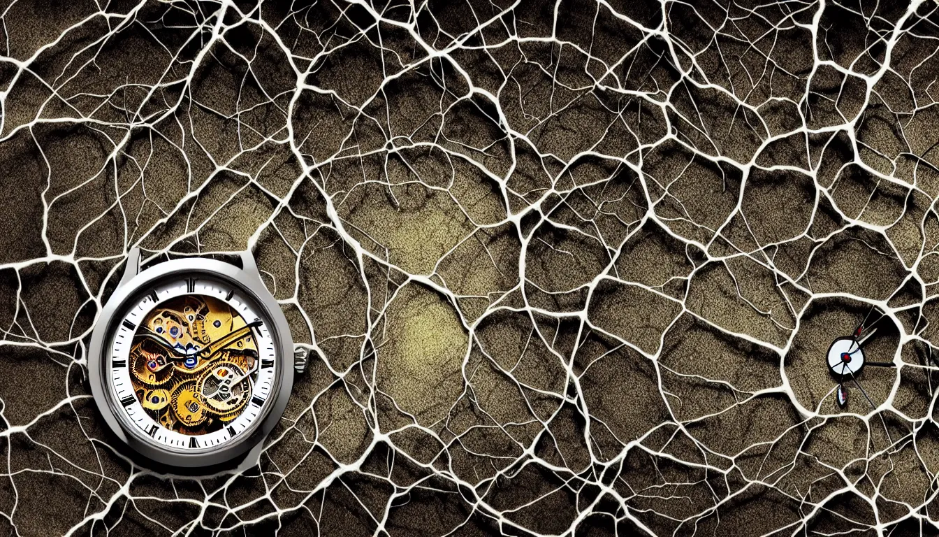 Image similar to detailed view from inside a clockwork watch, entangled roots, cracked earth, microorganisms smeared, hyper realistic photo, full colour, upscale, 8 k