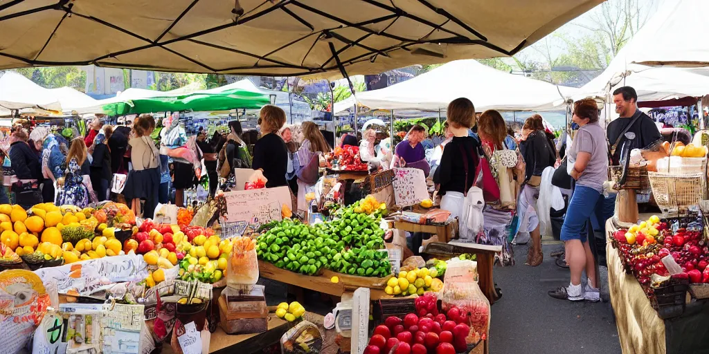 Image similar to a lovely photo, sunday morning at the local farmers market, vendors with fruit and breads, jars of jams and honey, crowds of people, flowers and activity all around, happy, fun