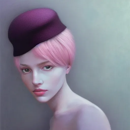 Image similar to portrait of beautiful young woman with flowing pink hair, wearing a black French beret hat, dark fantasy, Warhammer, artstation painted by Zdislav Beksinski and Wayne Barlowe