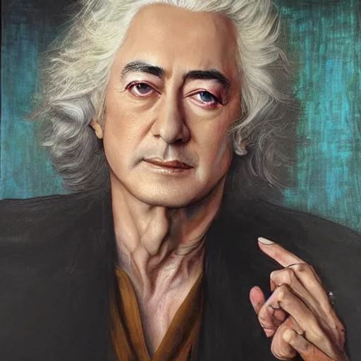 Prompt: amazing artgerm portrait of jimmy page in his 7 0 s as a preraphaelite painting, collaboration with j. scott campbell and artgerm with edward burn jones