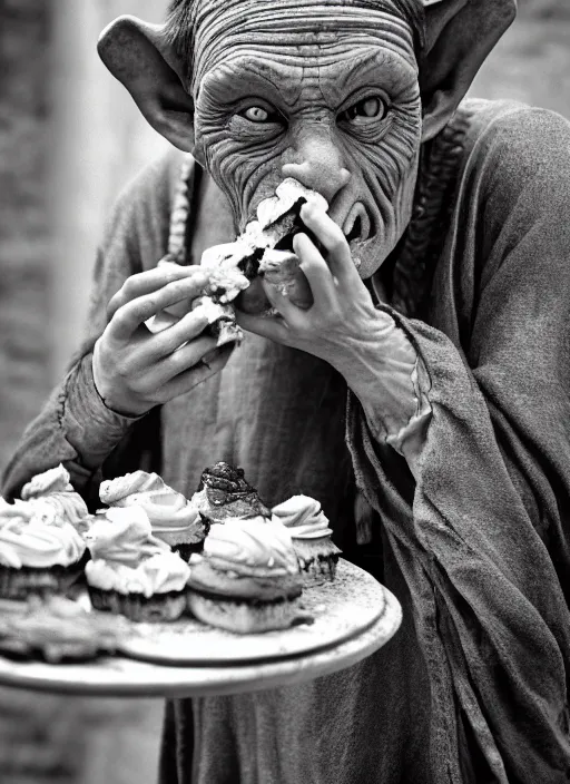 Image similar to closeup portrait of a medieval goblin eating cakes in the cloisters, depth of field, zeiss lens, detailed, symmetrical, centered, fashion photoshoot, by Annie Leibovitz and Steve McCurry, David Lazar, Jimmy Nelsson, Breathtaking, 8k resolution, extremely detailed, beautiful, establishing shot, artistic, hyperrealistic, beautiful face, octane render