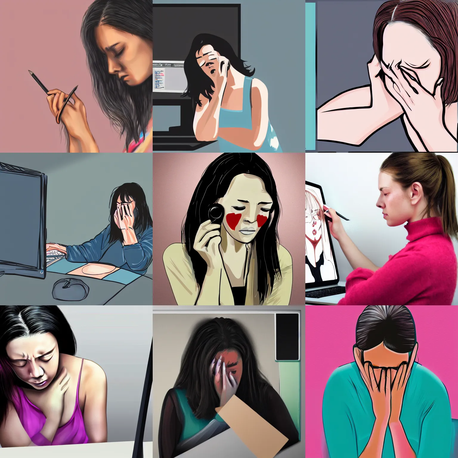 Prompt: a digital paint of a woman, artist, crying in front of a computer because she have no job, with a wacom pencil in her hand