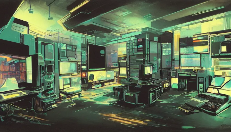 Image similar to a rendering of a detailed interior of a cyberpunk bedroom with computers and cables, soft neon lighting, metallic surfaces, sci-fi concept art, by Syd Mead, oil on canvas