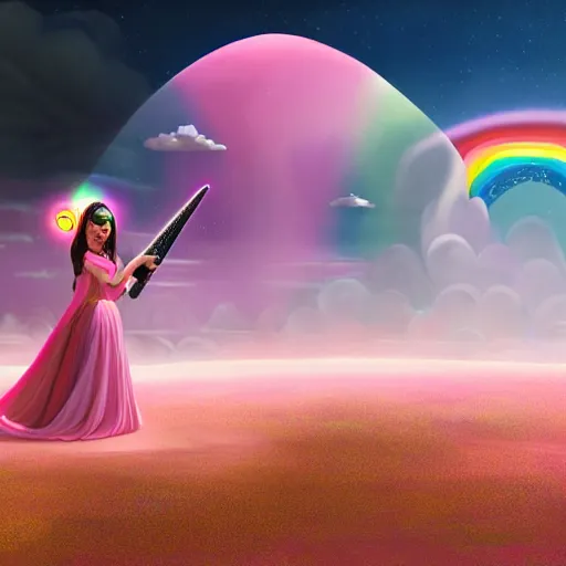 Image similar to beautiful matte painting, rainbow colored pink pink darth vader costume wearing pink wearing pink, riding a unicorn, riding a unicorn, riding a unicorn over a glittering rainbow in space by lisa frank and dan mumford, octane render, HDR, vivid color, volumetric lighting, unreal engine, concept art, CGsociety, trending on artstation